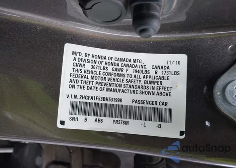 2011 Honda Civic Lx z USA, uszkodzony, nr VIN 2HGFA1F53BH531998